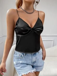 Muchica 前扭結緞面吊帶上衣 - 黑色 - 查看 3