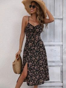 Breezaya Ditsy Floral Print Split Thigh Cami Dress - Black - View 1