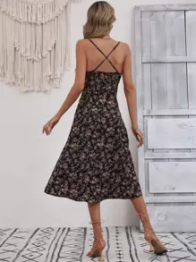 Breezaya Ditsy Floral Print Split Thigh Cami Dress - Black - View 2