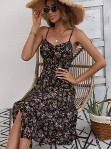 Breezaya Ditsy Floral Print Split Thigh Cami Dress - Black - View 3