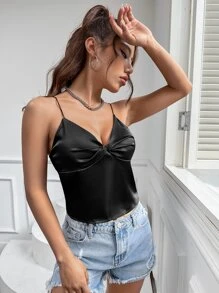 Muchica 前扭結緞面吊帶上衣 - 黑色 - 查看 5