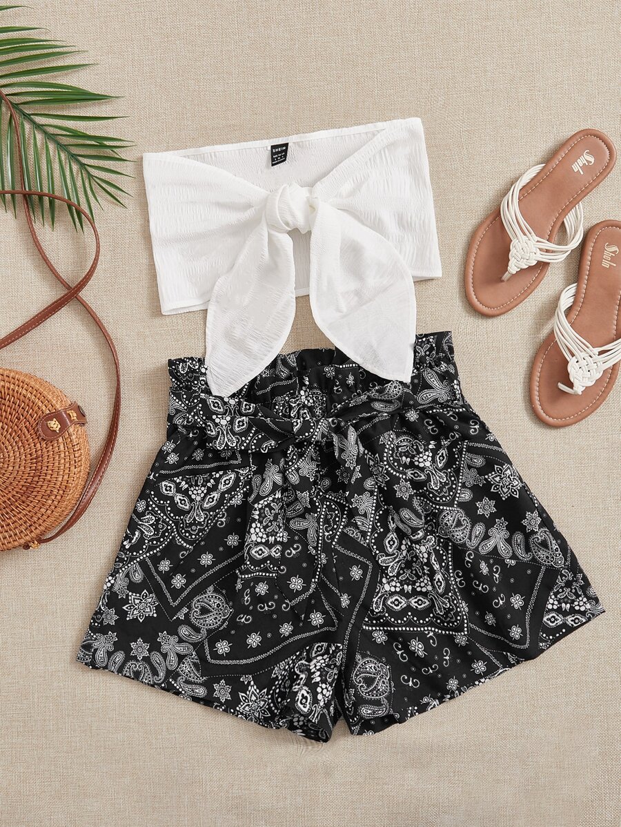 SHEIN VCAY Knot Front Tube Top & Geo Print Shorts - Black and White - View 1