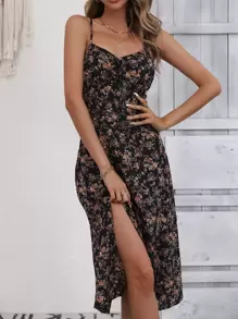 Breezaya Ditsy Floral Print Split Thigh Cami Dress - Black - View 5