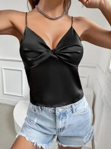 Muchica 前扭結緞面吊帶上衣 - 黑色 - 查看 6
