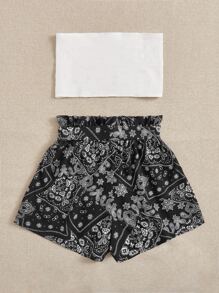 SHEIN VCAY Knot Front Tube Top & Geo Print Shorts - Black and White - View 2