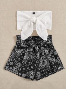 SHEIN VCAY Knot Front Tube Top & Geo Print Shorts - Black and White - View 5