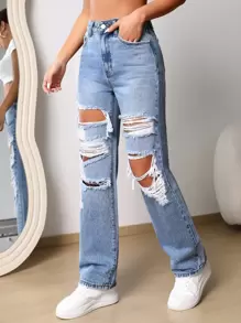 SHEIN PETITE 拉鏈門襟破洞直筒牛仔褲 - 淺色水洗藍 - 查看 4