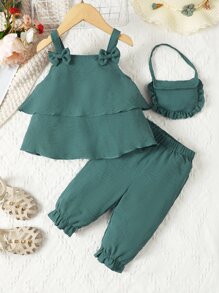 SHEIN Niñas con lazo delantero Top de tirantes & ribete con fruncido Pantalones - Verde Oscuro - Ver 1