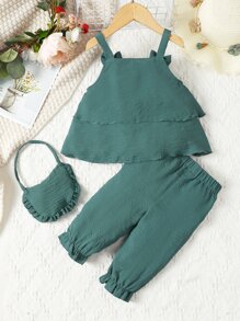 SHEIN Niñas con lazo delantero Top de tirantes & ribete con fruncido Pantalones - Verde Oscuro - Ver 2