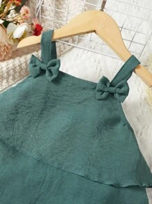 SHEIN Niñas con lazo delantero Top de tirantes & ribete con fruncido Pantalones - Verde Oscuro - Ver 5