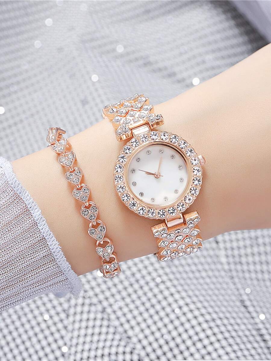 1pc Rhinestone Decor Quartz Watch & 1pc Bracelet - Rose Gold - View 1