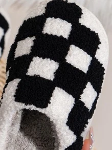 Sapatos Femininos de Casa de Padronagem xadrez, Chinelos Confortáveis Casuais e Fofos com Ponta Fechada, para Uso Interno no Quarto, xadrez Preto e Branco, Outono e Inverno