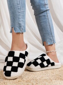 Sapatos Femininos de Casa de Padronagem xadrez, Chinelos Confortáveis Casuais e Fofos com Ponta Fechada, para Uso Interno no Quarto, xadrez Preto e Branco, Outono e Inverno