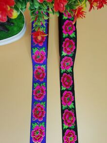 7米/卷 3.3厘米宽 蓝色涤纶马具和服装装饰 带大莲花图案 适合DIY - 藍色 - 查看 5