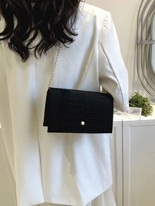 Mini Crocodile Embossed Flap Chain Square Bag - Black - View 1