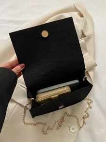Mini Crocodile Embossed Flap Chain Square Bag - Black - View 2