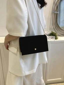 Mini Crocodile Embossed Flap Chain Square Bag - Black - View 5