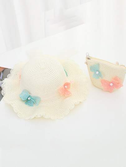 Girls Bow Decor Straw Hat & Bag