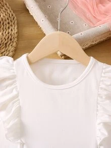 SHEIN 少女撞色優雅都會甜美街頭風荷葉袖圓領上衣 - 彩色 - 查看 4