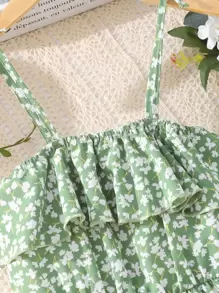 SHEIN Tween Girl Ditsy Floral Print Ruffle Trim High Low Hem Cami Dress - Mint Green - View 6