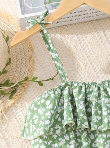 SHEIN Tween Girl Ditsy Floral Print Ruffle Trim High Low Hem Cami Dress - Mint Green - View 7