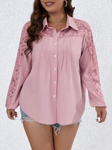 SHEIN LUNE Plus Contrast Lace Fold Pleated Detail Shirt - Pink - View 1