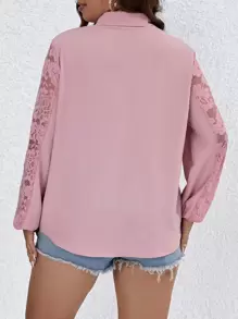 SHEIN LUNE Plus Contrast Lace Fold Pleated Detail Shirt - Pink - View 2