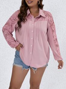 SHEIN LUNE Plus Contrast Lace Fold Pleated Detail Shirt - Pink - View 4