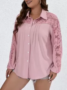 SHEIN LUNE Plus Contrast Lace Fold Pleated Detail Shirt - Pink - View 5