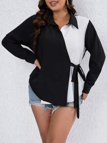 Celure Plus Two Tone Wrap Knot Side Asymmetrical Hem Shirt - Black and White - View 4