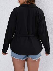 Celure Plus Two Tone Wrap Knot Side Asymmetrical Hem Shirt - Black and White - View 2