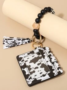 1pc Women Cow Pattern Tassel & Bead Decor Casual Style Keychain - Multicolor - View 2