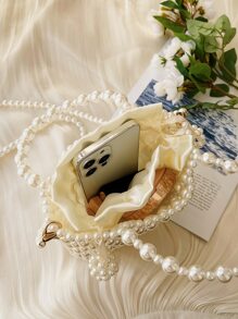 菱格公主仿真珍珠和鑽石編織珍珠袋，迷你仿真珍珠裝飾公文包，適用於聚會、婚禮、舞會和晚宴，口紅、女士珍珠包，防水，防塵透明袋，適用於海灘運動野餐小吃，女款手提包