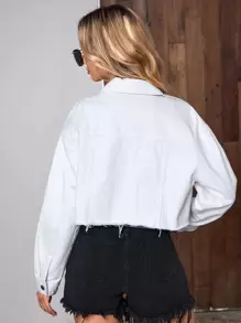SHEIN Essnce Flap Pocket Raw Hem Denim Jacket - White - View 2