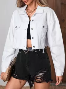 SHEIN Essnce Flap Pocket Raw Hem Denim Jacket - White - View 3