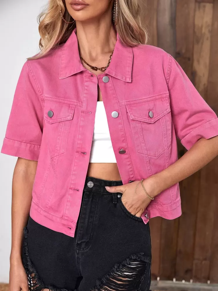 SHEIN Essnce フラップポケット ボタンフロント デニムジャケット - ホットピンク - 見る 1