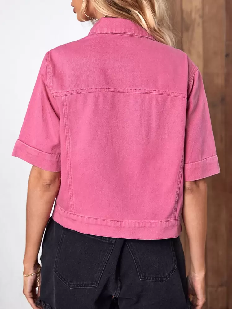 SHEIN Essnce フラップポケット ボタンフロント デニムジャケット - ホットピンク - 見る 2
