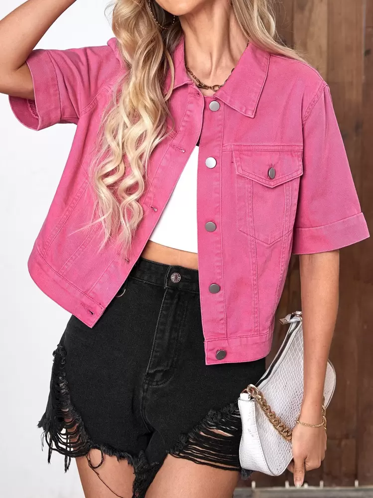 SHEIN Essnce フラップポケット ボタンフロント デニムジャケット - ホットピンク - 見る 4