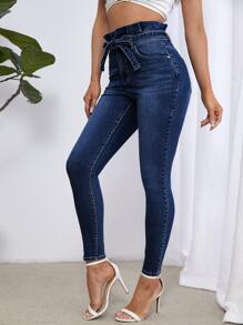 SHEIN Essnce 紙袋腰腰帶緊身牛仔褲