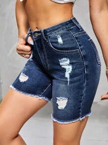 SHEIN Essnce 破洞毛邊牛仔短褲 - 深色水洗藍 - 查看 1