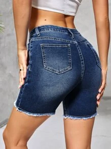 SHEIN Essnce 破洞毛邊牛仔短褲 - 深色水洗藍 - 查看 2