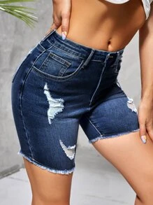 SHEIN Essnce 破洞毛邊牛仔短褲 - 深色水洗藍 - 查看 3