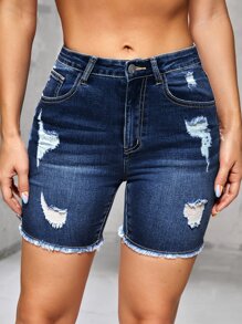 SHEIN Essnce 破洞毛邊牛仔短褲 - 深色水洗藍 - 查看 5