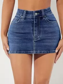 SHEIN PETITE 高腰緊身牛仔半身裙 - 中等水洗藍 - 查看 4