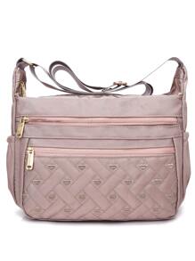 Heart Embroidered Quilted Square Bag - Pink - View 1