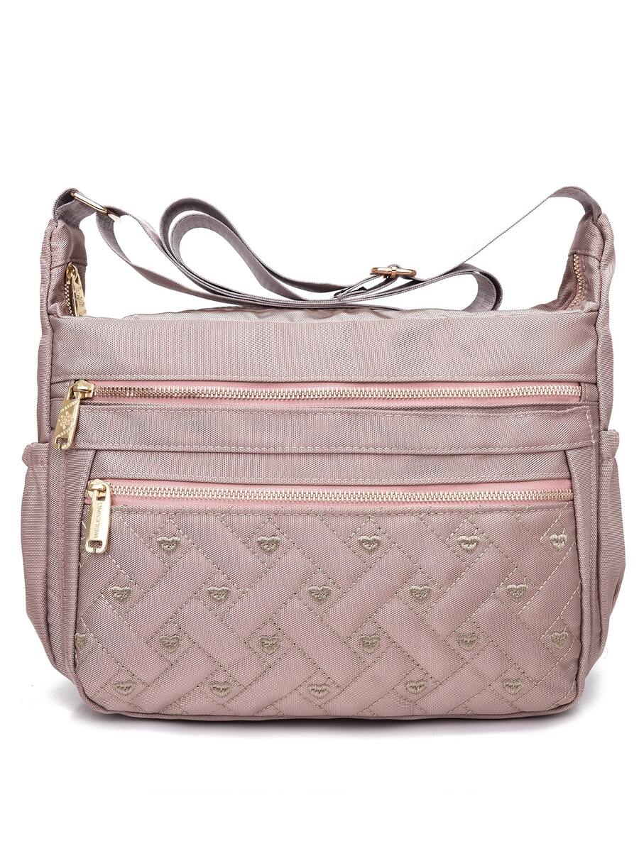 Heart Embroidered Quilted Square Bag - Pink - View 1