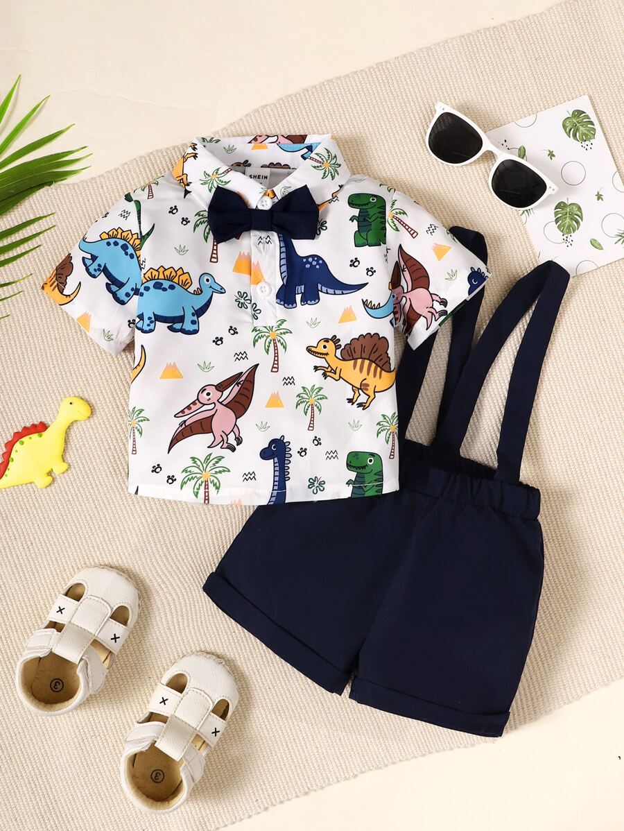 Souflis Souflis Baby Boy Dinosaur Print Bow Front Shirt & Pinafore Shorts - Blue and White - View 1