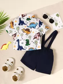 Souflis Souflis Baby Boy Dinosaur Print Bow Front Shirt & Pinafore Shorts - Blue and White - View 2