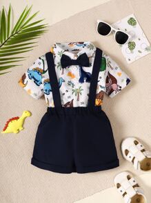 Souflis Souflis Baby Boy Dinosaur Print Bow Front Shirt & Pinafore Shorts - Blue and White - View 3