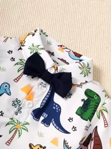 Souflis Souflis Baby Boy Dinosaur Print Bow Front Shirt & Pinafore Shorts - Blue and White - View 4